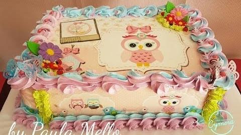 Decoração de Bolo com Chantilly – Tema Coruja e Passarinhos
