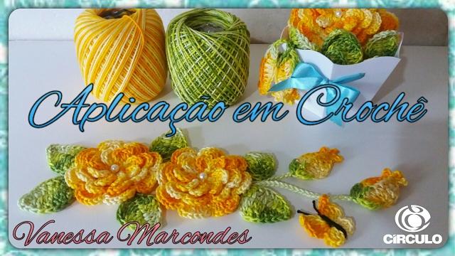 Flor em crochê, folha, botão e borboleta para aplicação