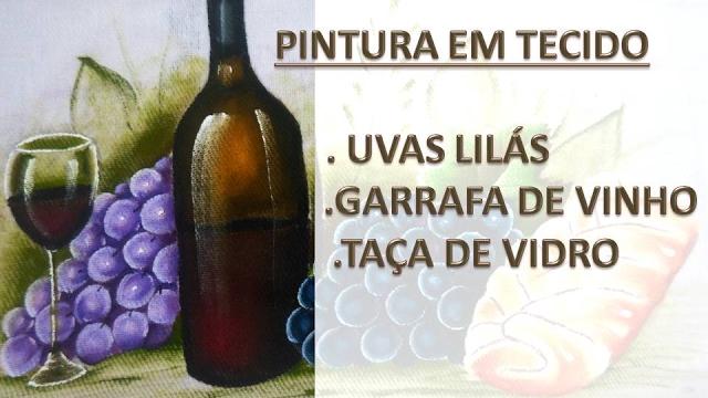 Pintura em tecido: uvas, garrafa de vinho e taça de vidro