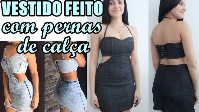 Vestido jeans feito com pernas de calça – Looks da internet – Suellen Redesign