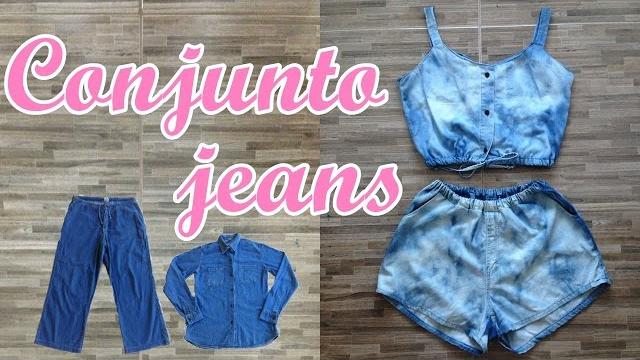 Conjunto jeans customizado com roupas de brechó