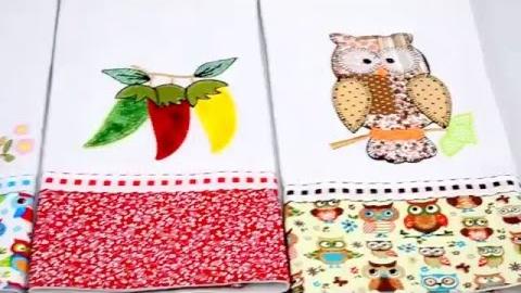 Pano de prato / copa em patchwork, bordado com passa fita e barrado