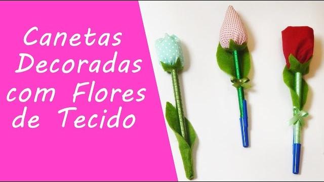 Artesanato- Canetas decoradas com ponteira de tulipas e rosa de tecido