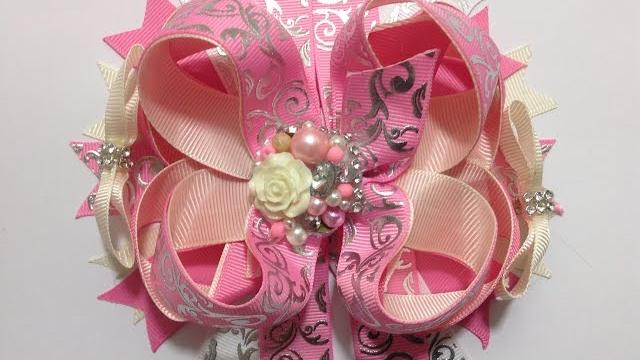 Moño boutique doble en color rosa, beich y plata