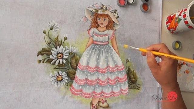 Menina com Margaridas em Tecido (Parte 2) Sonalupinturas