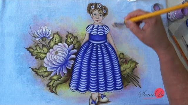 Menina com Crisântemos em Tecido (Parte 2) Sonalupinturas