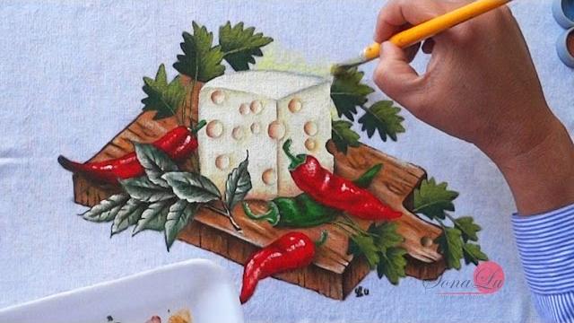 Queijo e Pimentas em Tecido – Sonalupinturas