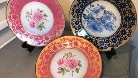 Prato de vidro decorado com técnicas de decoupage e tinta spray