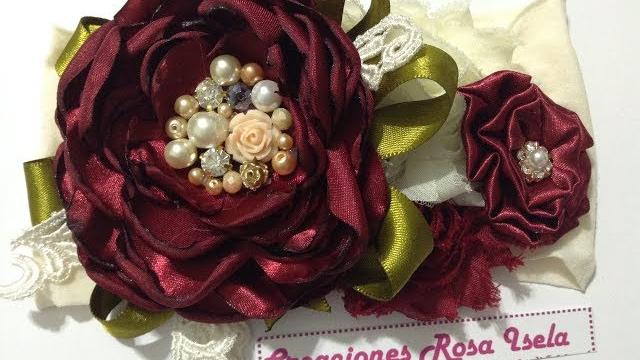 Tiara flor de tela tinto/beige