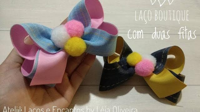 Laço Boutique com duas fitas e pompons