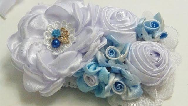 Flor Rustica de tela Raso, Balaca BAutizo Blanca con Celeste