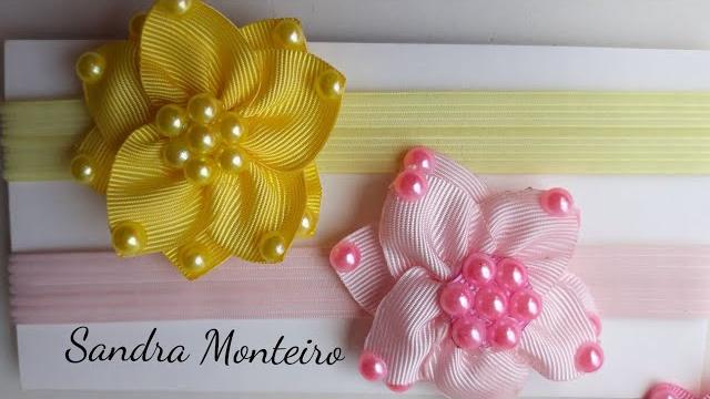 COMO FAZER FLOR COM PÉROLAS NO ELÁSTICO DE VIÉS/ SANDRA MONTEIRO
