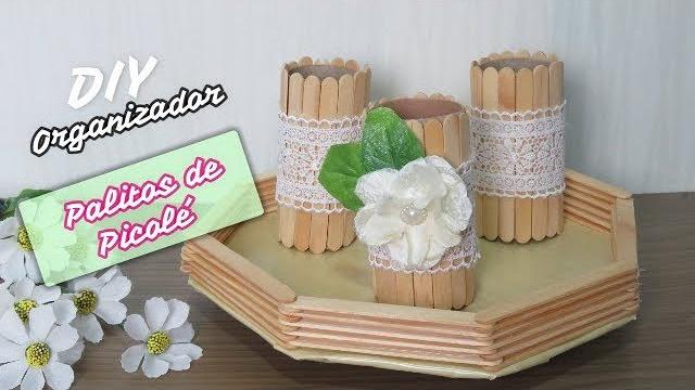 Organizador e bandeja de papelão e palitos de picolé