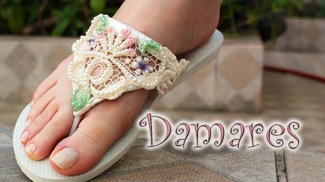 Chinelo decorado com Renda de guipure, pérolas e cristais