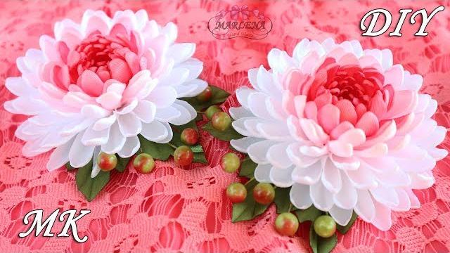 Flor de crisântemo com fita estreita modelo kanzashi