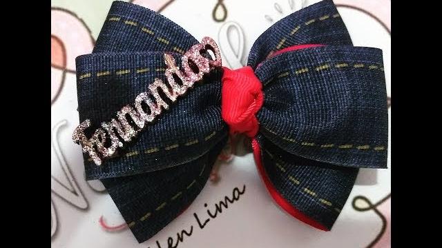 Laço jeans com nome e glitter
