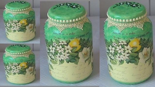 POTE DE VIDRO RECICLADO E DECORADO COM DECOUPAGEM E TÉCNICA DE PINTURA