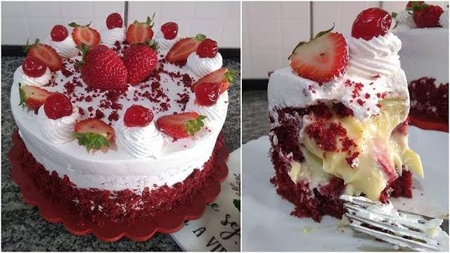 BOLO RED VELVET SUPER RECHEADO – CREME COM MORANGOS