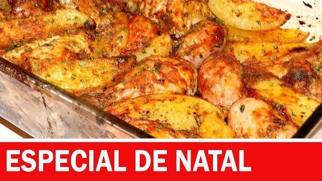 Frango Assado com Linguiça e Batata