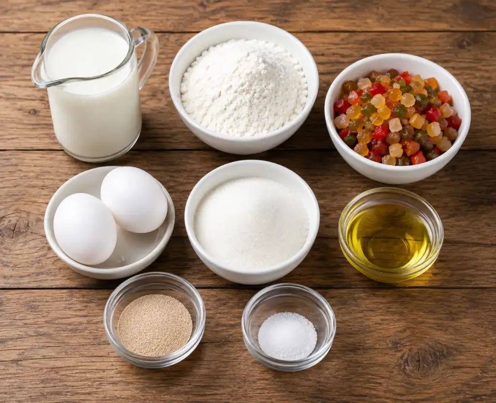 Ingredientes para panetone de liquidificador com farinha de trigo, leite, ovos, açúcar, azeite, fermento biológico, sal e frutas cristalizadas sobre mesa de madeira.