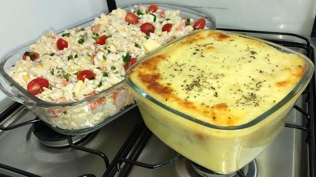 Salada de Macarrão e Escondidinho de Carne Moída