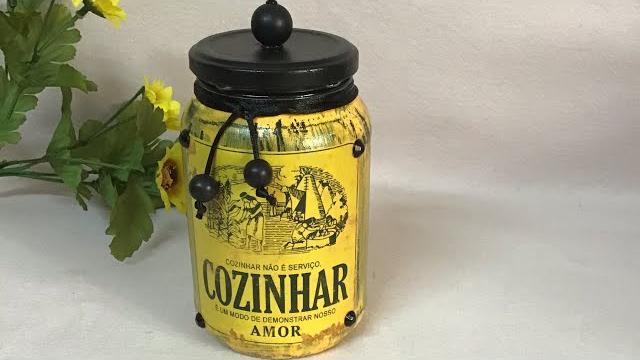 Pote de Vidro Reciclado com Decoupage e Pátina com Vela