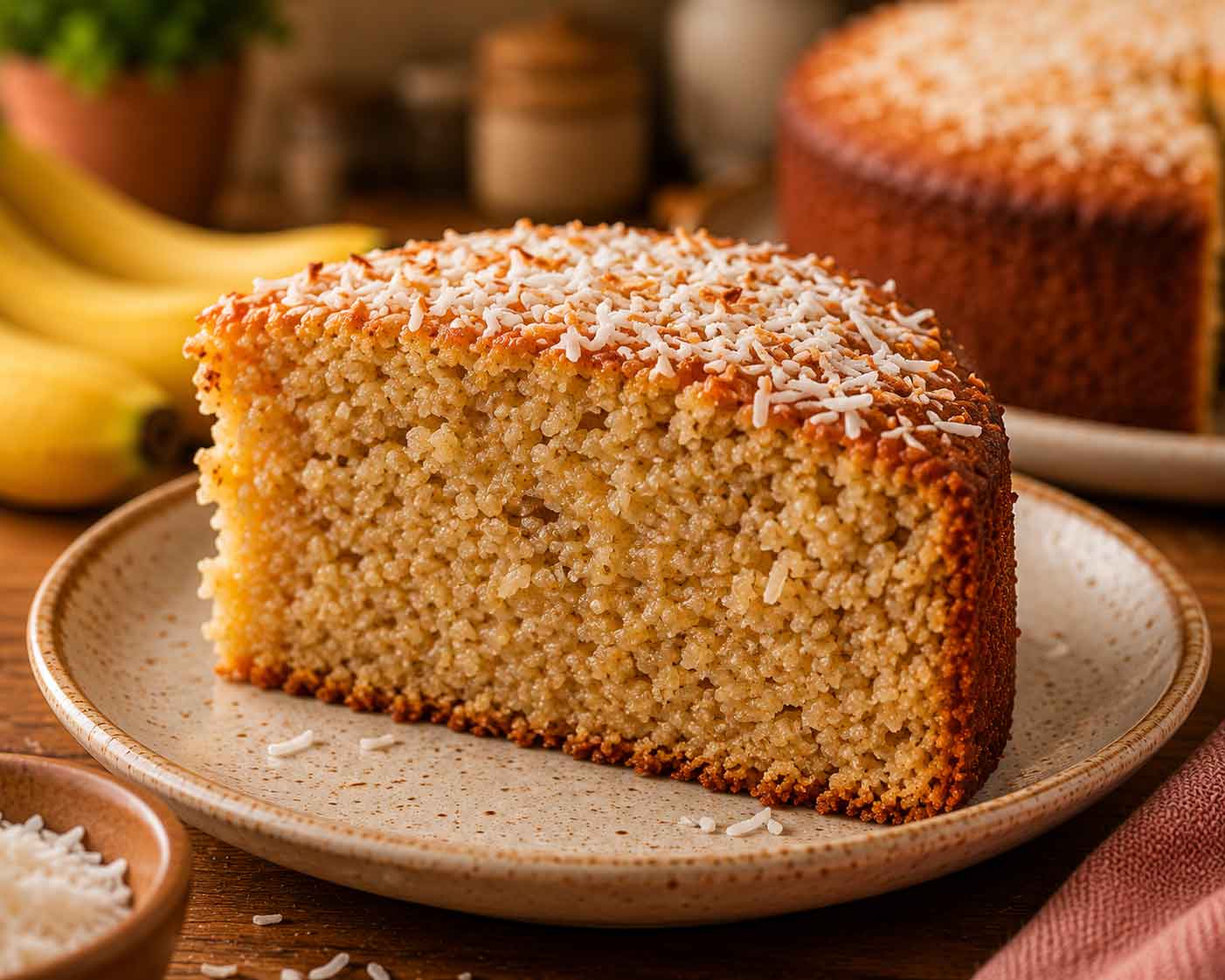 Fatia de bolo de coco com banana