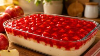 🍎 Maçã do Amor de Travessa – Sobremesa Cremosa com Cobertura Vermelha Brilhante