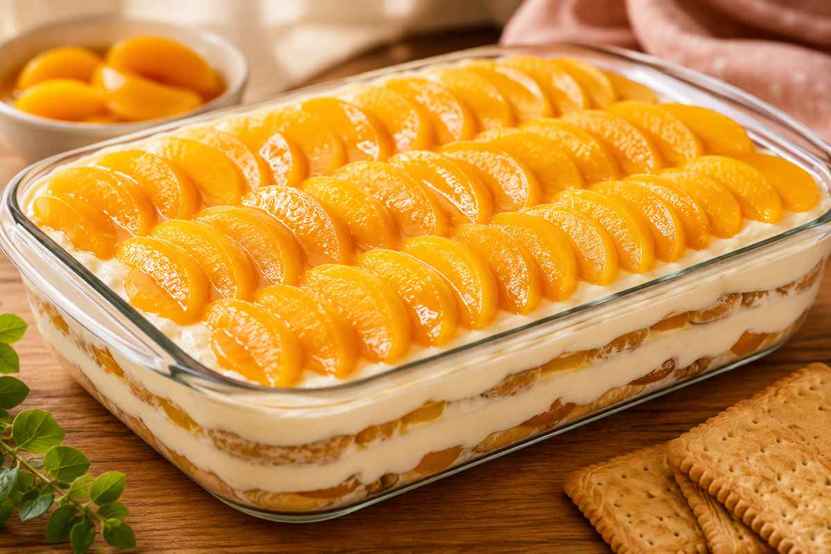 🍑 Pavê de Pêssego Cremoso e Fácil