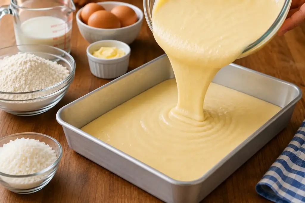 Massa do bolo de coco gelado sendo despejada em uma forma retangular antes de assar.
