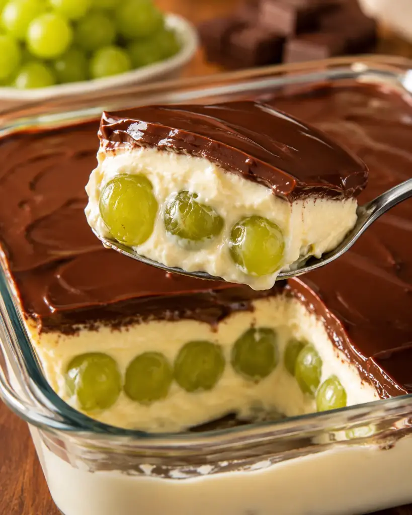 Colher levantando uma fatia de Bombom de Uva na Travessa mostrando as camadas de creme branco, uvas verdes inteiras e ganache de chocolate.