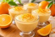 Citrus mousse dessert on wooden table