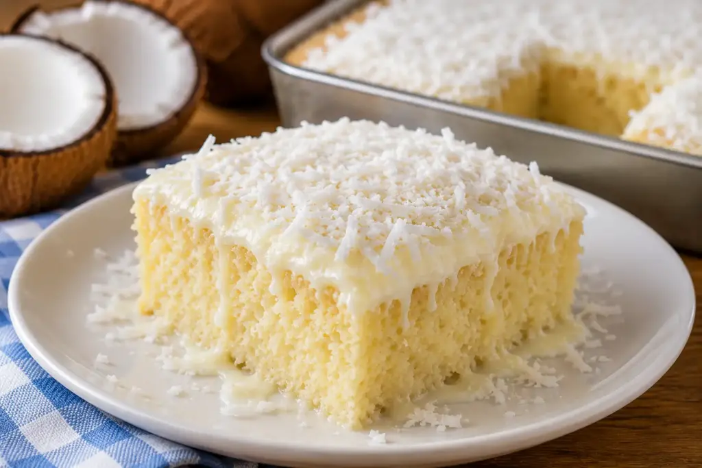 Fatia de bolo de coco gelado simples com cobertura cremosa de leite condensado e coco ralado servida em um prato branco.
