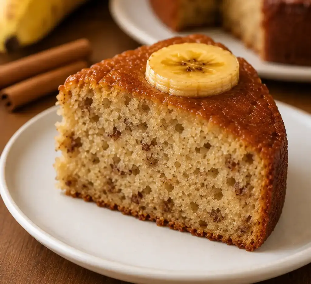 Fatia de bolo de banana de liquidificador com massa fofinha e úmida, servida em um prato branco, com bananas e canela ao fundo.