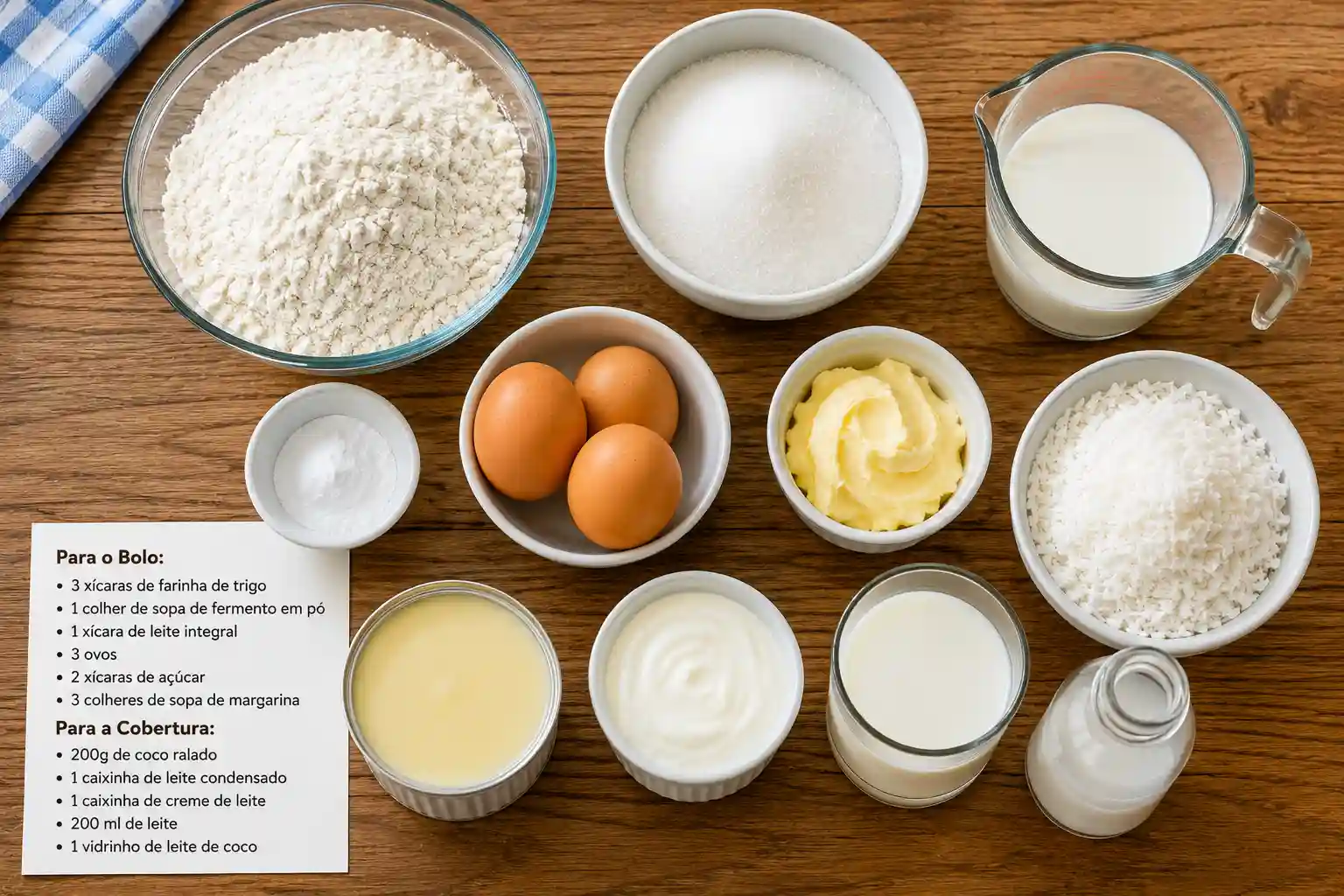 Ingredientes do bolo de coco gelado simples organizados sobre uma mesa de madeira antes do preparo.
