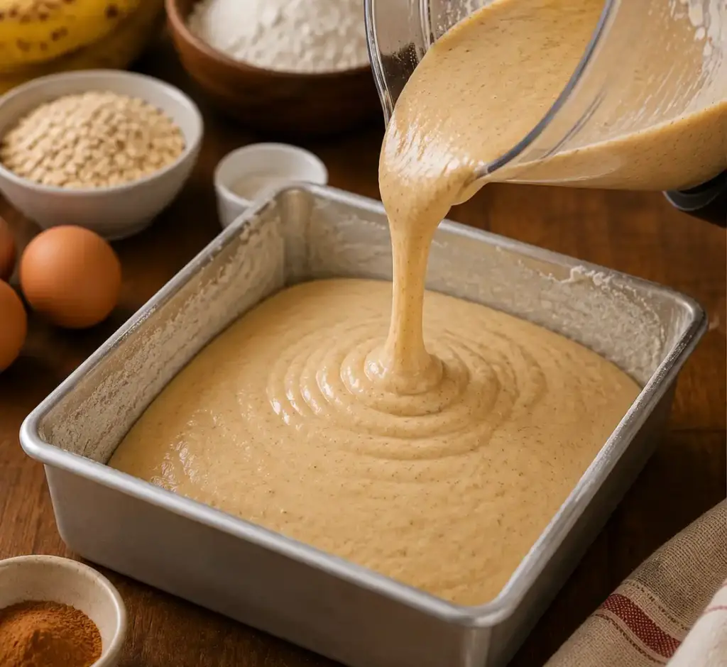 Massa do bolo de banana de liquidificador sendo despejada do liquidificador em uma forma retangular antes de assar.