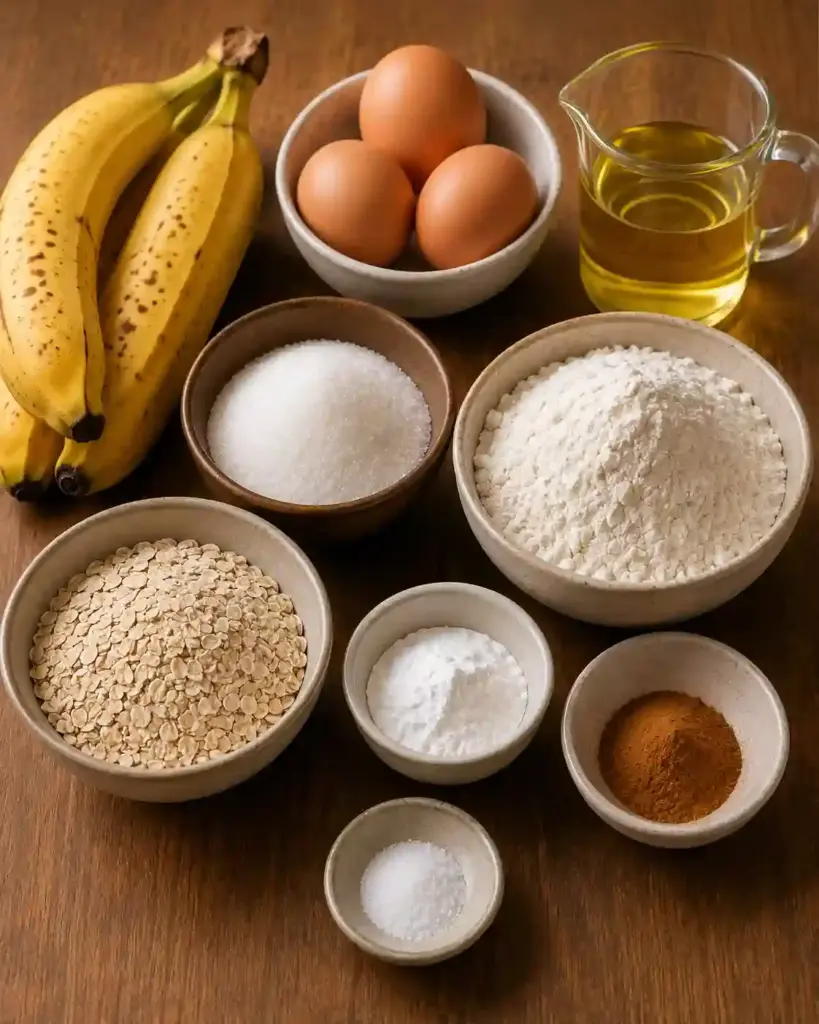 Ingredientes do bolo de banana de liquidificador organizados sobre uma mesa de madeira, incluindo bananas maduras, ovos, óleo, açúcar, farinha de trigo, farinha de aveia, fermento, canela e sal.